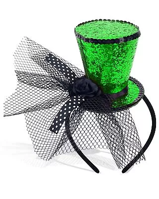 St. Patricks Day Green Glitter Mini Top Hat On Headband With Veil Leprechaun • $27.84