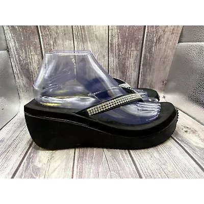 Volatile Women’s Studded Rhinestone Black Flip Flop Thong Wedge Sandals Size 8 • $19.99