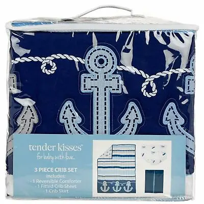 Tender Kisses ANCHORS AWAY 3 Piece Crib Set BABY BLUE NAUTICAL NEW BOYS STRIPE  • $129.99