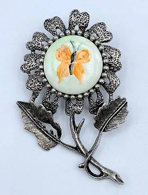 B7-730 Vintage Brooch Silver Pin 2  Long Stem Flower Painted Butterfly • $4.99