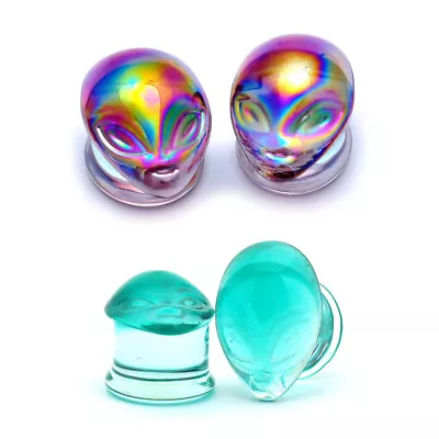 Pair Of Glass Alien Double Flare Plugs Set Gauges PICK YOUR SIZE AND COLOR • $12.49