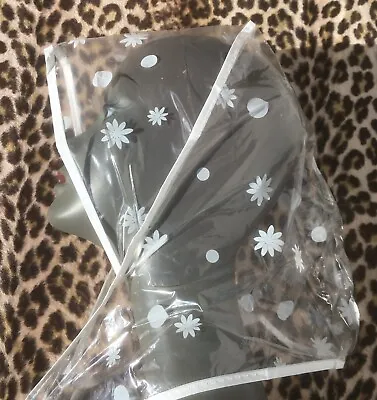 FRENCH 1960s WOMEN RAIN BONNET / HAT~ CLEAR & WHITE POLKA DOTS & FLOWERS ~UNWORN • $25