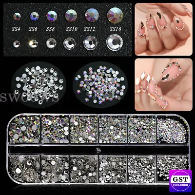 Flat Back Box Crystal Nail Art Decor AB Nails Rhinestones Diamond Beads 12 Grids • $5.10