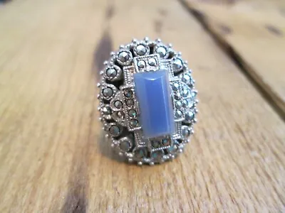 Vintage 925 Sterling Silver Ring Size 4.5 Cocktail Ring Marcasite And Blue Stone • $40