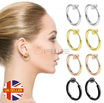 Hypoallergenic Fake Clip On Labret Round Small Big Hoop Earrings Stainless Steel • £2.49
