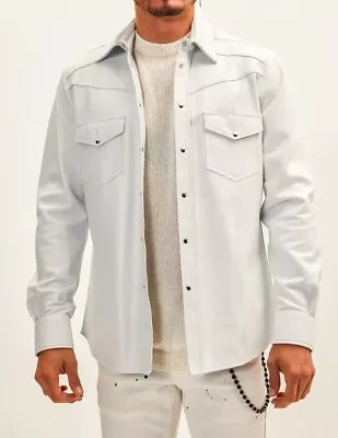 Genuine Lambskin Leather Stylish Handmade Party Casual White Men's Leather Shirt • $127.50