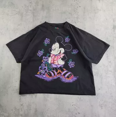 Vintage Disney Mickey Mouse T-shirt Hawaiian Black Faded Cropped Sz M  • $14.72