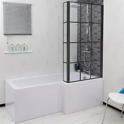 Bathroom L Shaped Bath Black Grid Shower Screen RH Front Panel White 1700mm • £379