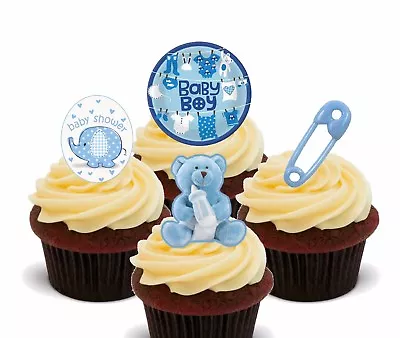 Baby Shower Boy Blue Edible Cupcake Toppers Pre-cut Fairy Cake Bun Decorations • £2.99