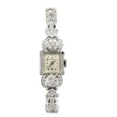 Hamilton Diamond Watch 14k White Gold Ladies Vintage Floral Band • $1899