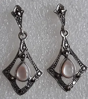 925 Sterling Silver White Mother Of Pearl & Marcasite Drop Earrings 30mm (1.1/8  • £16.99