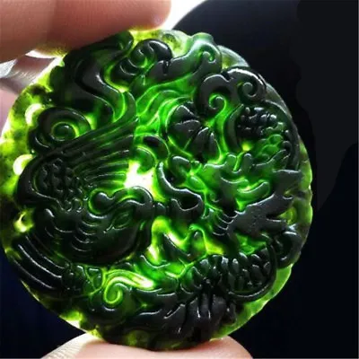 Chinese Natural Black Green Jade Pendant Dragon&Phoenix Good Lucky Amulet Gift • £6.05