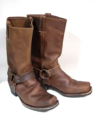 Vtg Frye Women's Brown Leather Distressed Harness Square Toe Boots SZ 9.5 M USA • $54.50