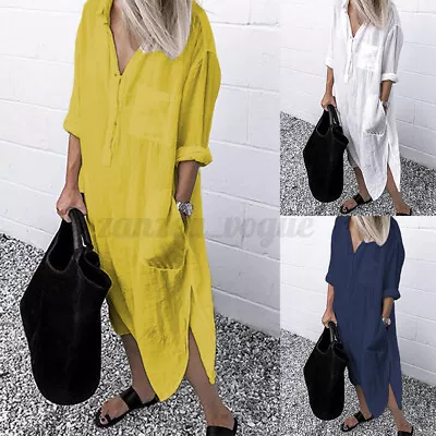 ZANZEA Women Summer Solid Long Shirt Dress Side Split Gown Kaftan Hot Sundress • $26.17