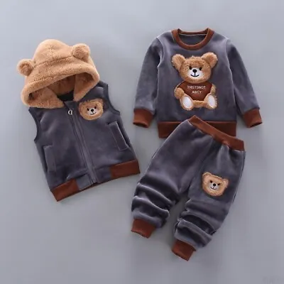 3PCS Infant Baby Boys Girls Bear Sweatshirt Tops Pants Vest Clothes Outfit Sets • £11.39