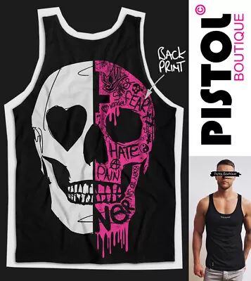 Pistol Boutique Men's Black GRAFFITI HALF SKULL Back Print Vest Top Singlet Tank • £25.19