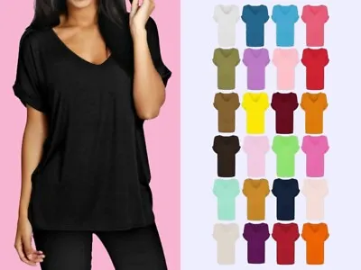 Women Ladies Baggy Oversized Loose Fit Turn Up Batwing Sleeve V Neck Top T Shirt • £5.49