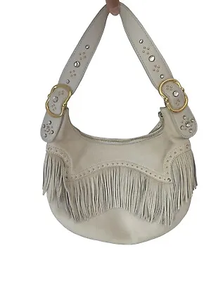 Michael Kors Fringed Studded Rhinestones Ivory Leather Shoulder Bag Y2K • $63