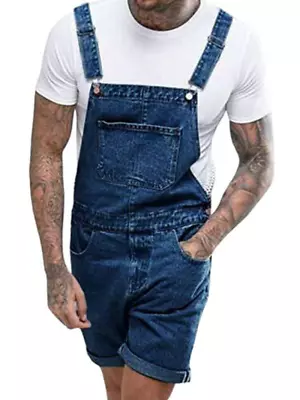 Men Denim Bib Overall Shorts Above Knee Length Rompers Walk Relaxed Fit Jumpsuit • $37.39