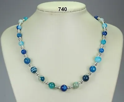 Blue Striped Agate Natural Stone 8-10mm Bead +silver Necklace Costume Jewellery • $7.60