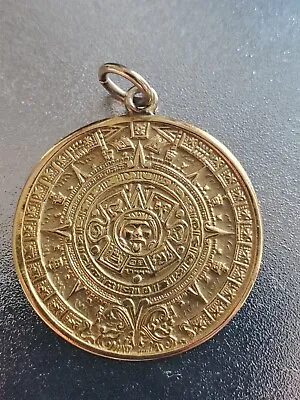 14k Real Solid Gold *Vintage 1970's* Mexican Aztec Calendar Sun Mayan Pendant • $500