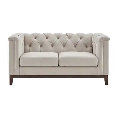 Dusk Chesterfield Stone Matte Velvet & Ash Wood Quilted 2 Seater Sofa RRP £540 • £434.99