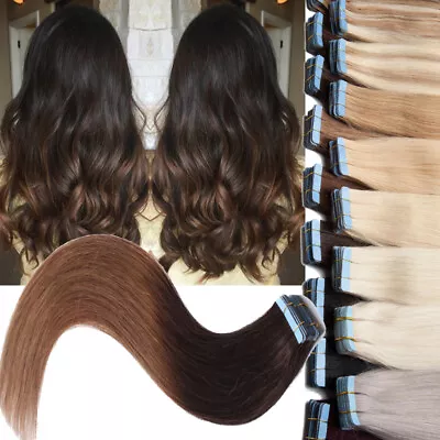 £26.08 • Buy Tape In Remy Human Hair Extentions Full Head Thick Skin Weft Ombre Highlight 18 