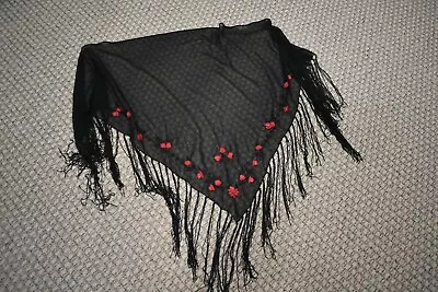 Vintage Black Silk Chiffon Triangle Shawl WEmbroidered Roses/Fringe • $20