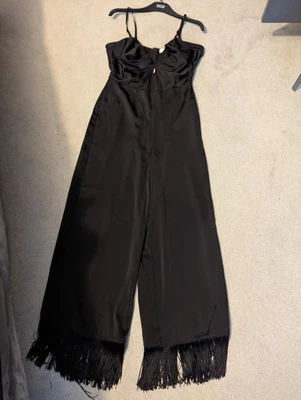 Warehouse Size 10 Playsuit Black CatsuitFringed Trousers70's Stylejumpsuit • £25.99