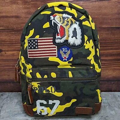 Polo Ralph Lauren Men's Yellow Camo Tiger USA Flag Patch Canvas Leather Backpack • $129.95