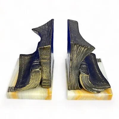 New Diamond Brass Bronze Open Book Bookends Genuine Onyx Chalcedony Base • $39.95