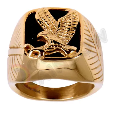 R3 Men' Stainless Steel Black Onyx Gold Silver Plated Eagle Ring Size 8-13 • $13.99