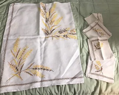 Vintage Embroidered Tablecloth Yellow Gold Brown Wheat 48 X 62 Plus 6 Napkins • $39.99