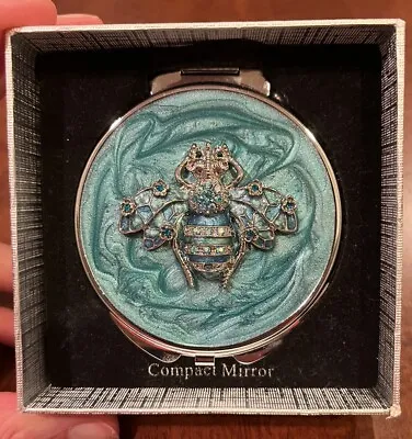 Double Mirror Compact With Bee Teal Rhinestones New In Box • $15.50