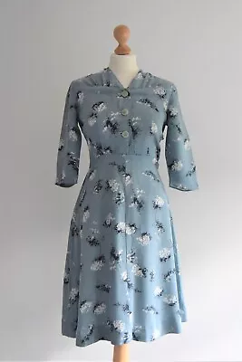 Vintage WWII 40s 50s Teal Blue Abstract Floral Ruched Wartime Cotton Tea Dress 8 • £80