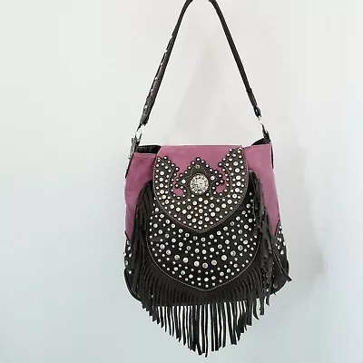 Trinity Ranch Fringe Sequined Studded Leather Shoulder Bag Pink And Brown  • $37