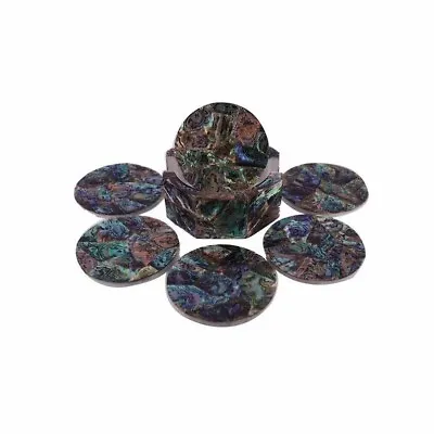 4  Marble Abalone Shell Semiprecious Stone Coaster Set Inlay Mosaic Handmade Art • $311.50