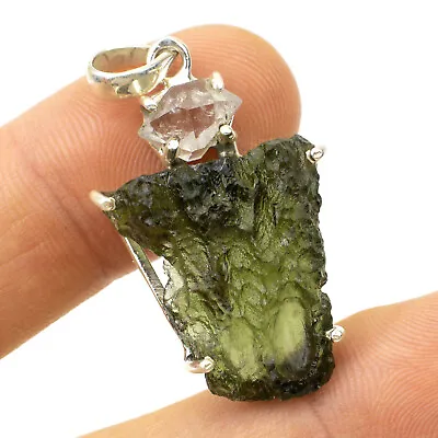 8.05gr MOLDAVITE Tektite With Herkimer - Pendant In Prongs Silver .925 #JM312 • $218.90