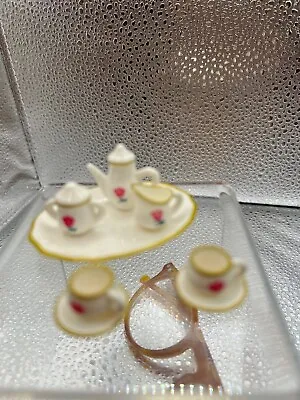 Sweet Beginner Doll House Miniature Tea Set Plastic 8 Pieces White With Red Rose • $8.99