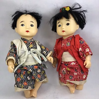 Vintage Japanese Dolls Boy & Girl 11 In. Plastic Doll Pair Kimono • $24