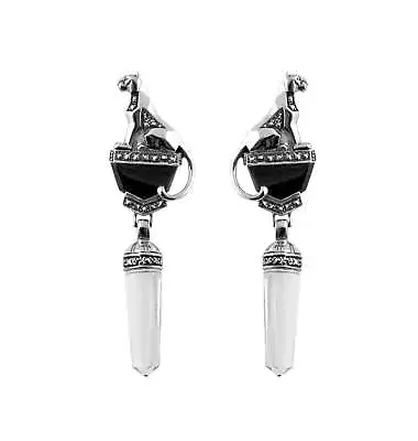 Panther Earrings Art Deco Style 925 Silver English Hallmarks Set With Onyx • £419.76