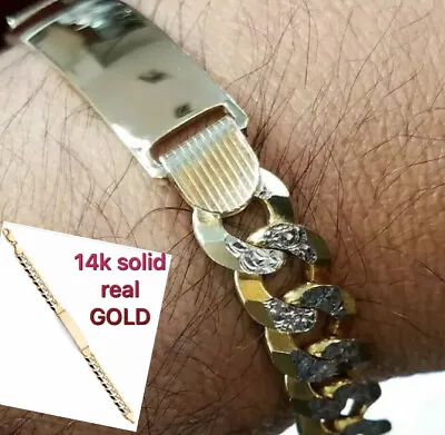 GOLD SOLID Mens Id Bracelet 14k Cuban Link Real Diamond Cut 10mm 8.5” • $2127.49