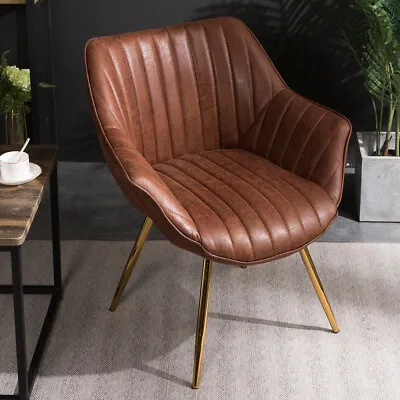 2x Upholstered PU Leather Dining Chairs Metal Gold Legs Cafe Seat Stripe Kitchen • £195.95