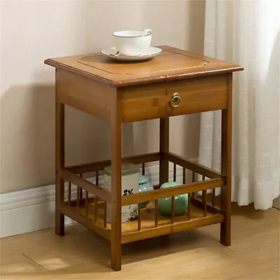 Bamboo End Side Bedside Table Nightstand Bedroom Decor W/ Drawer & Bottom Shelf • $34.90