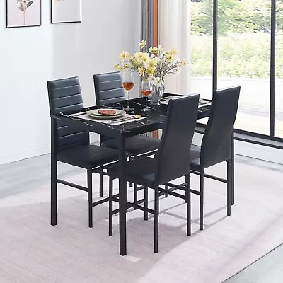 4x Black Faux Leather Dining Chairs&Black Marble MDF Top Dining Table Dining Set • £161.49