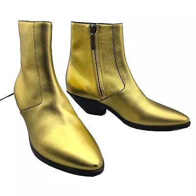 Saint Laurent Gold Western Boots Ankle Heel Zipper Leather Sz 37 7 New Defect • $399