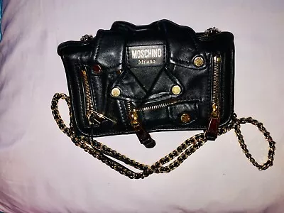 Moschino Milano Black Biker Jacket Leather Crossbody Bag Wallet On Chain WOC • $400