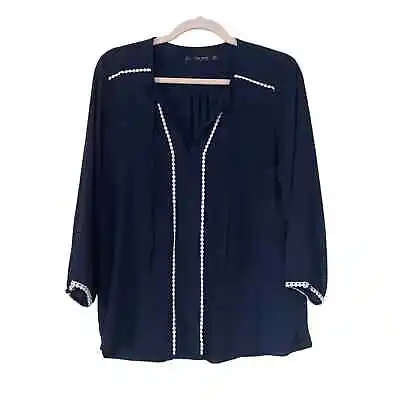 Zara Womens Small Shirt V-Neck Long Sleeve Sheer Blue White Blouse • $9.99