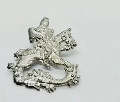 Vintage Knight On Horse JOUSTING Brooch Silver Tone MEDIEVAL Rare Dragon Slayer • $26.10