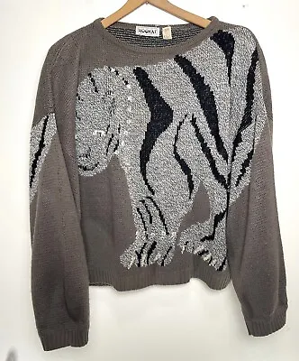 80s Vtg Tiger Metallic Beads Italian Sweater L Oversize Wool Blend Animal Kookai • $22.39